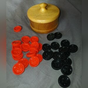Vintage Halsam Set Of 34 Checkers In Vintage Myrtlewood Handturned Wood Bowl